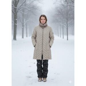 Perry Ellis Long Puffer Coat Down Filled Size M. Womens Fur Trim‎ Neck. Beige